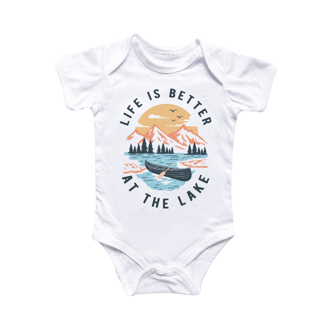 a baby bodysuit that says life is better at the lake