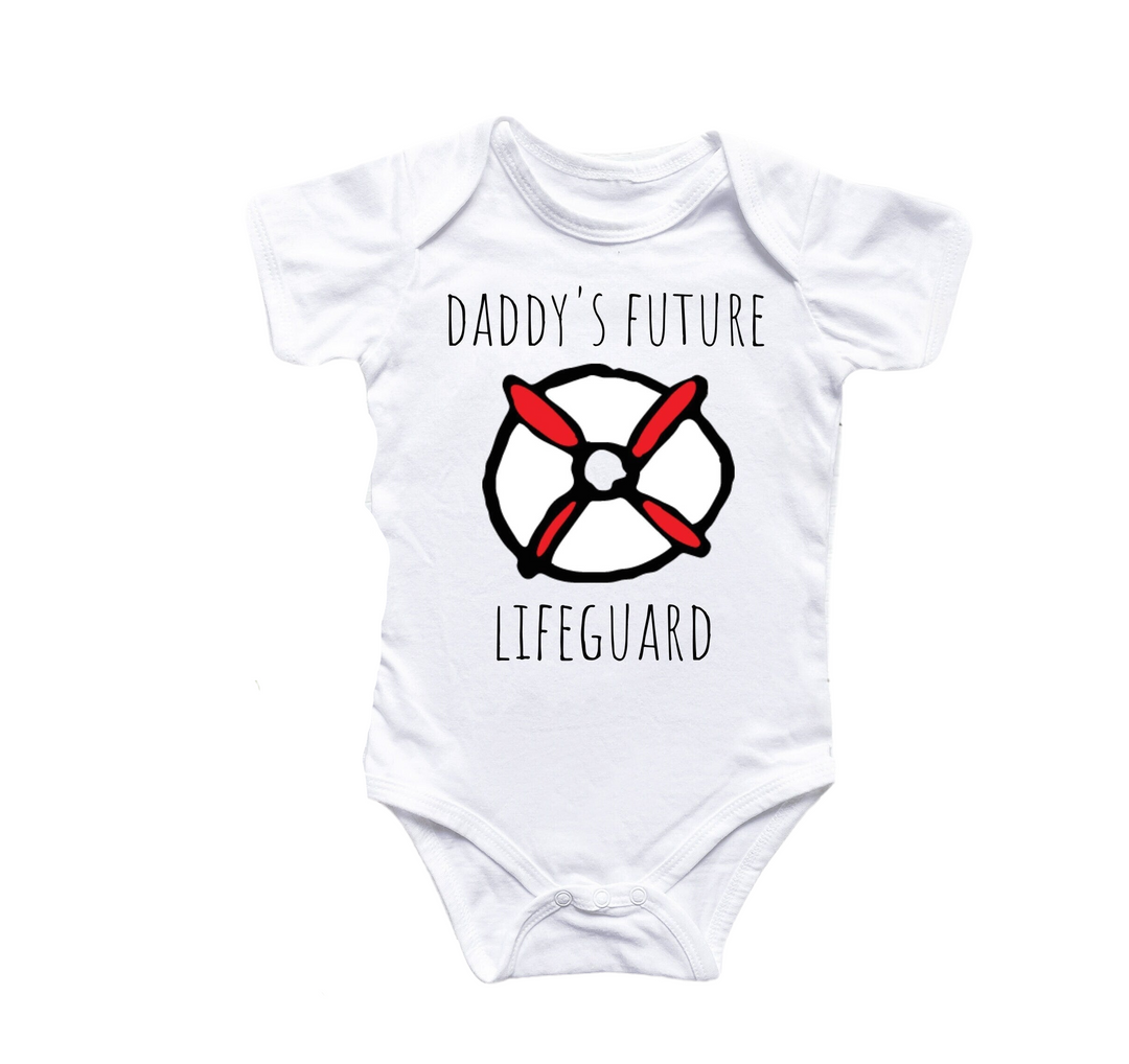 a white bodysuit with the words daddy's future lifeguard on it