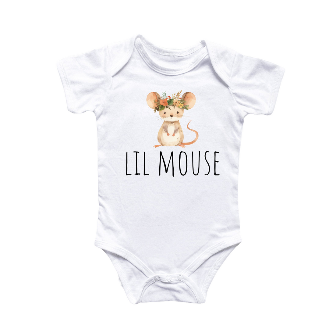 a white bodysuit with a picture of a mouse on it