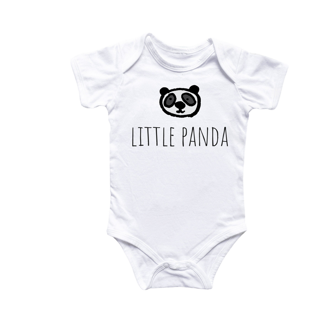 a baby bodysuit with the words little panda printed on it