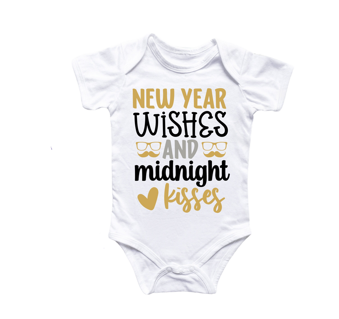 a baby bodysuit with the words new year wishes and midnight kisses