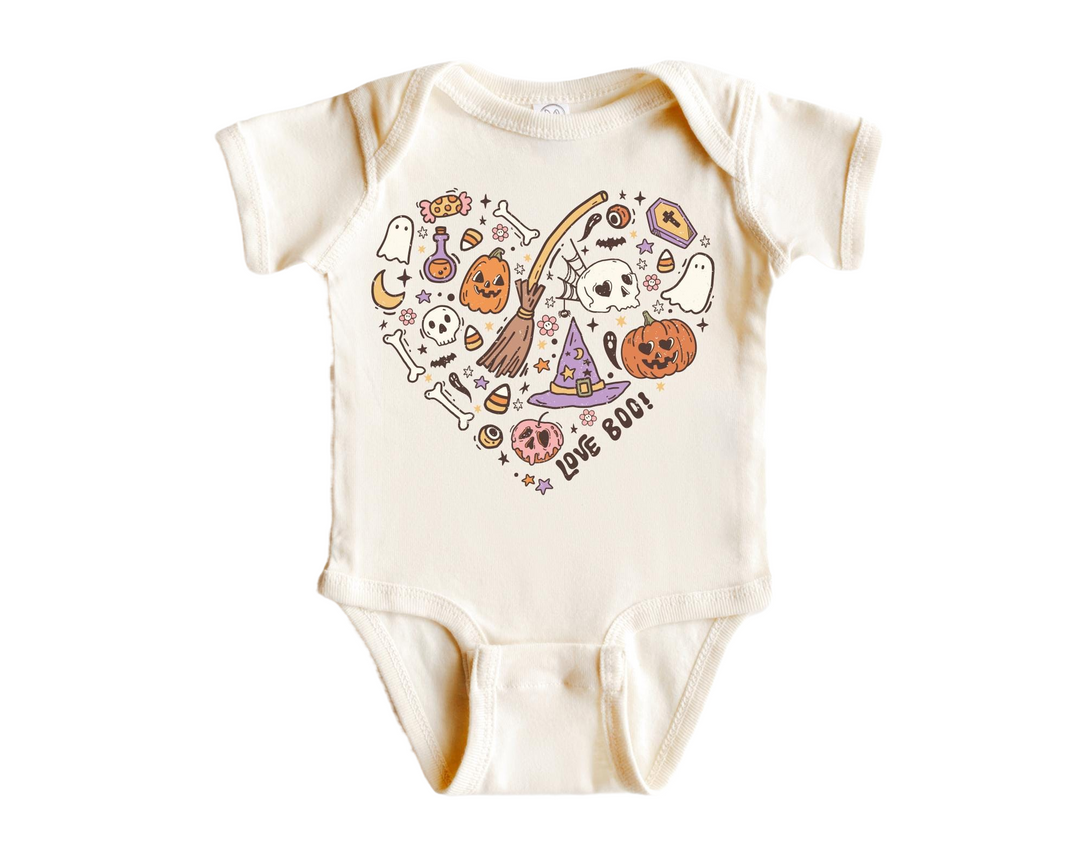 a baby bodysuit with a picture of cats and pumpkins on it