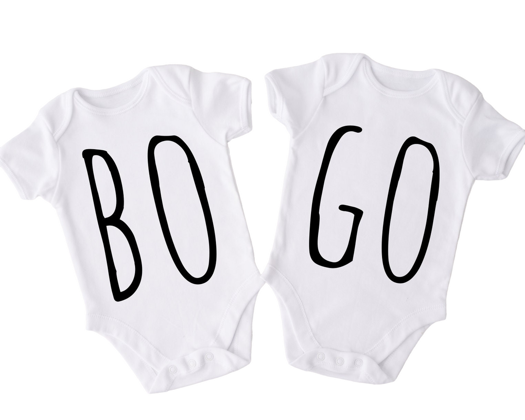 two baby onesuits with the words boo and go written on them