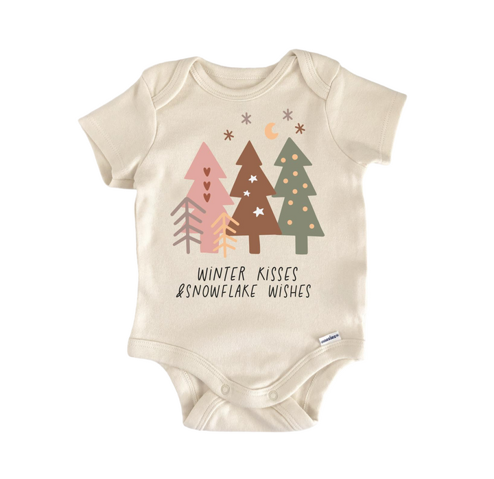 a baby bodysuit with trees and stars on it