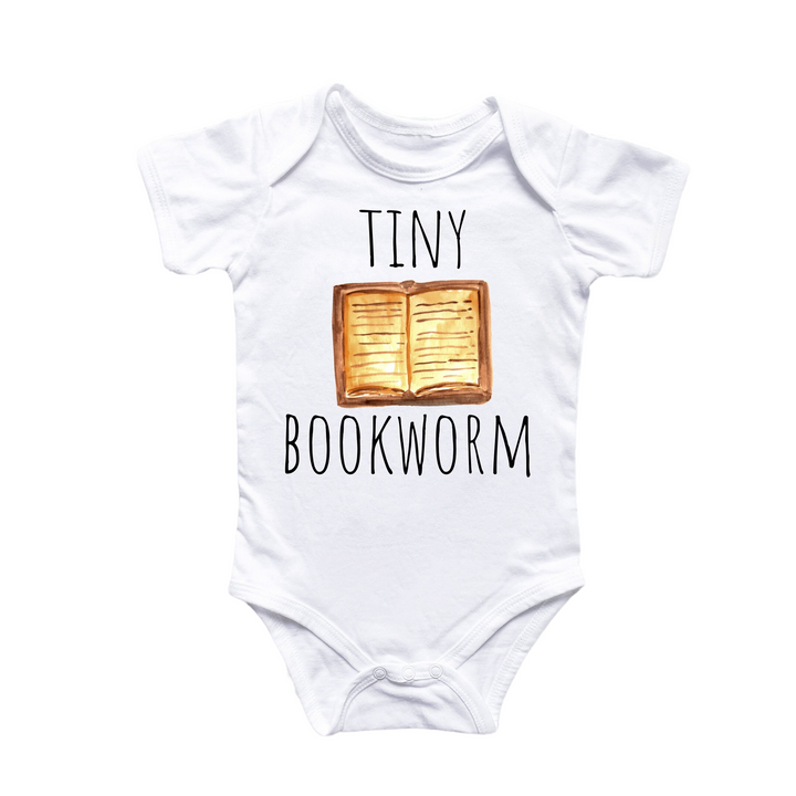 a baby bodysuit that says tiny bookworm