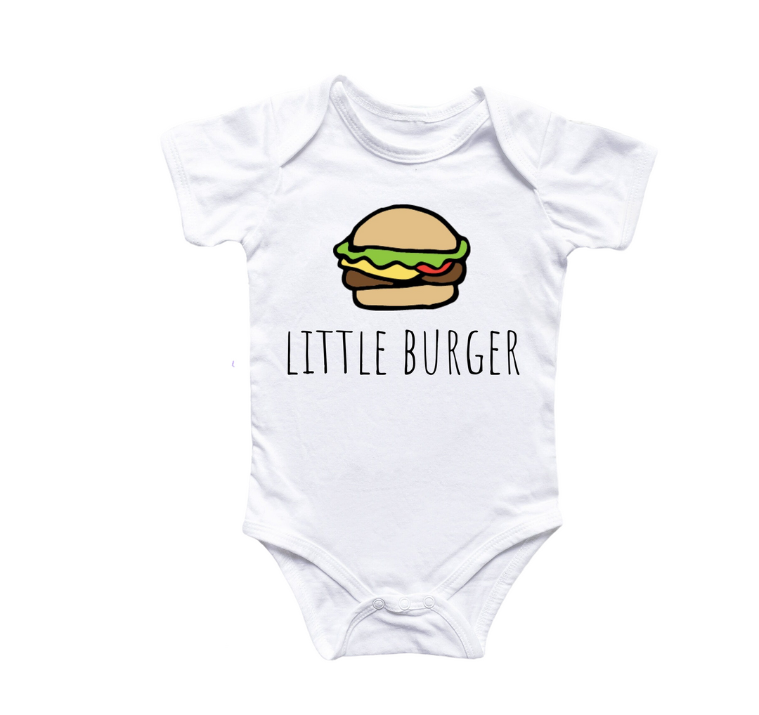 a white baby bodysuit with a hamburger on it