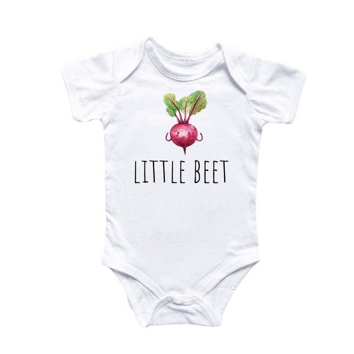 a white baby bodysuit with a radish on it