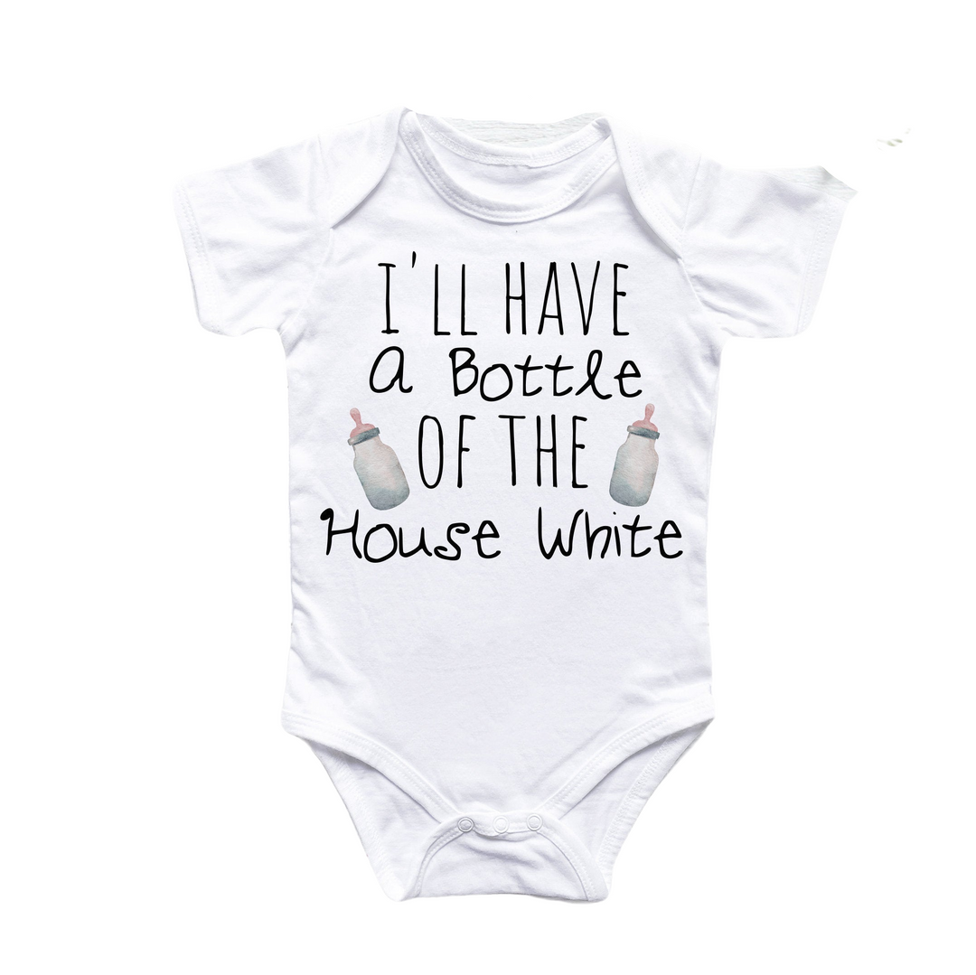 a white baby bodysuit that says i'll have a bottle of the house