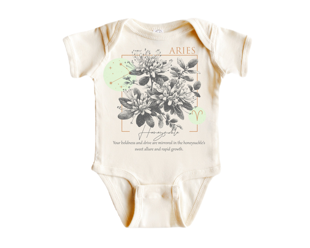 a baby bodysuit with a picture of flowers on it