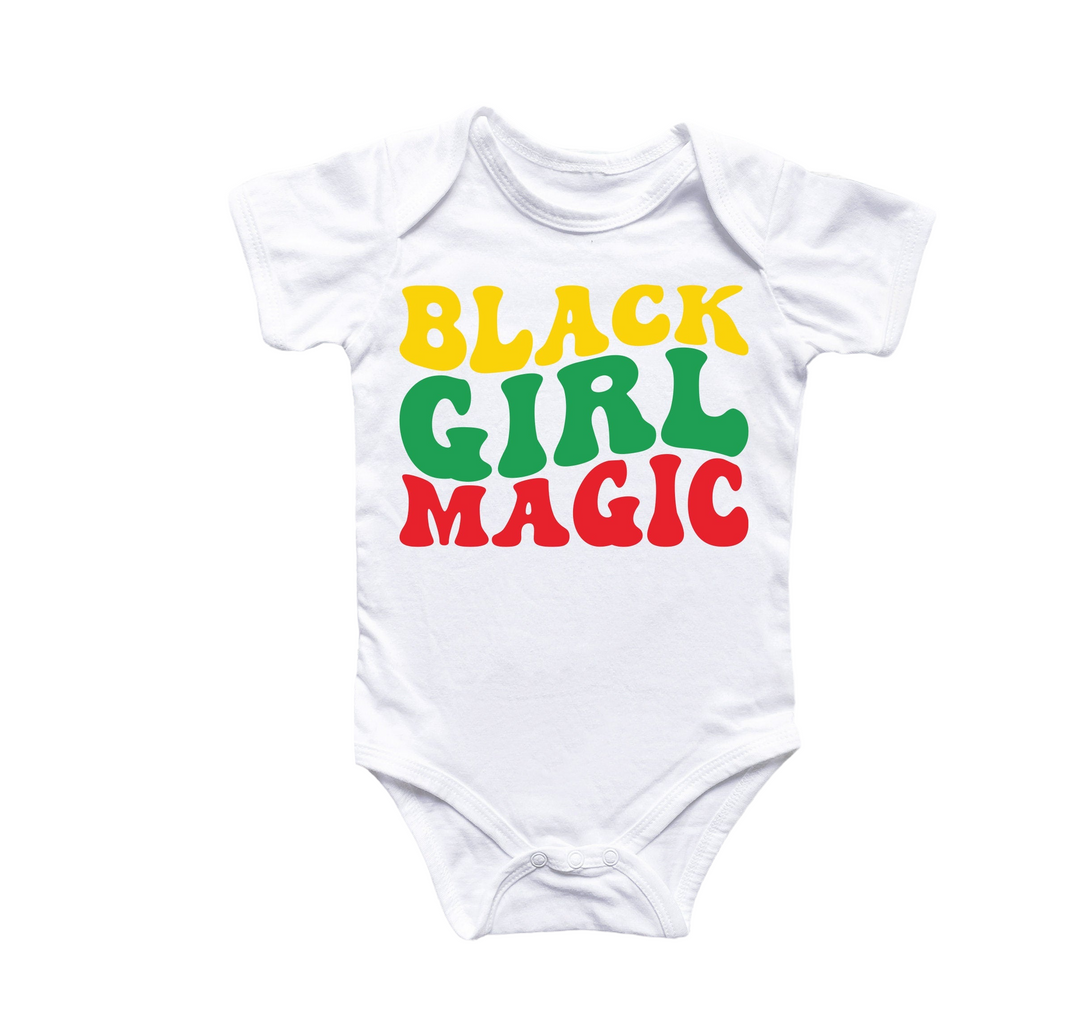 a white bodysuit with the words black girl magic printed on it