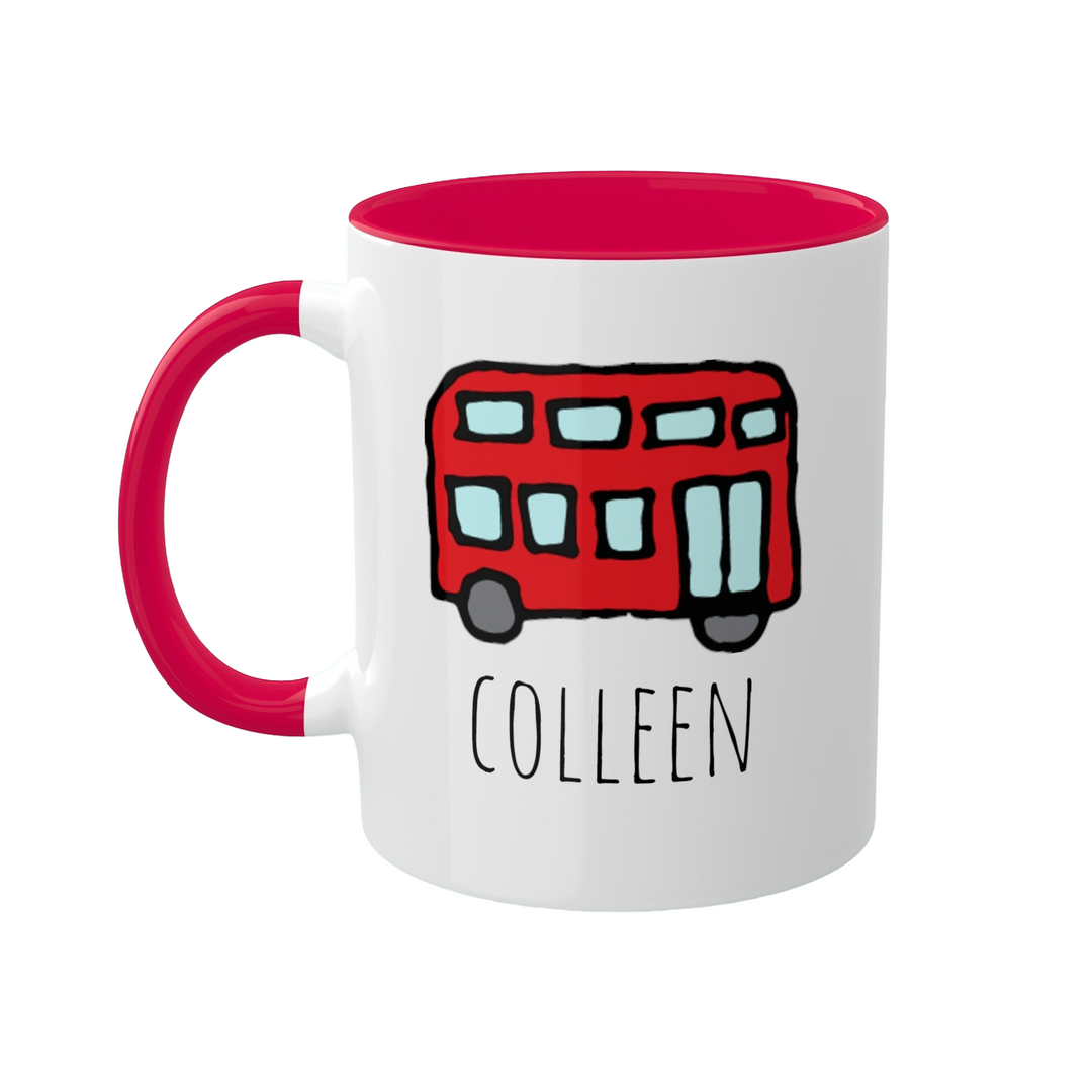 a red and white coffee mug with a double decker bus on it