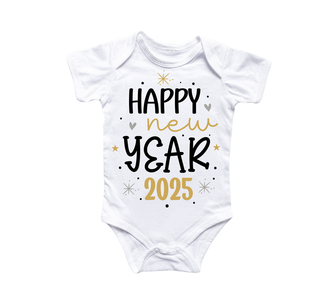 a baby bodysuit that says happy new year