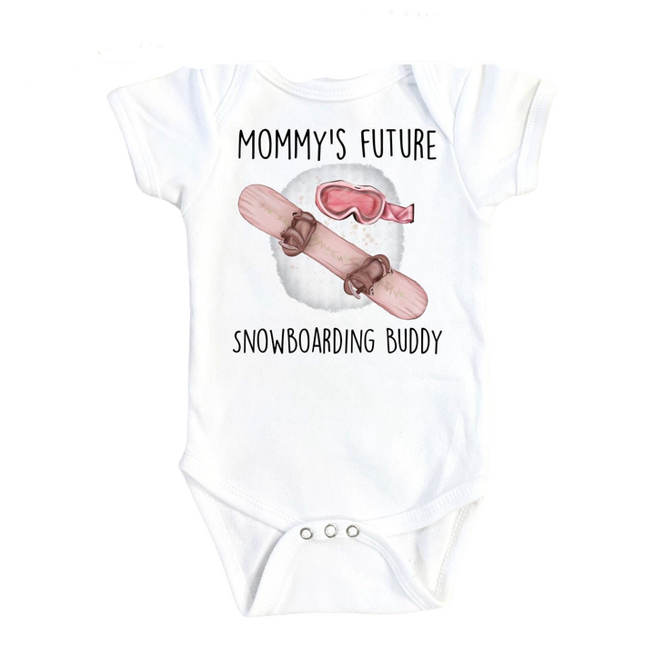 a baby bodysuit with a picture of a snowboarder