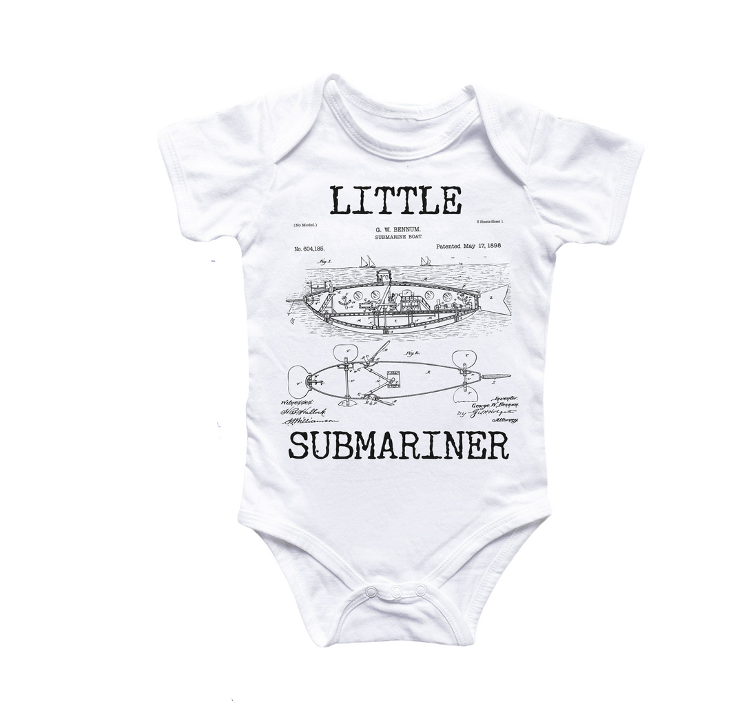 a white bodysuit with a drawing of a submarine