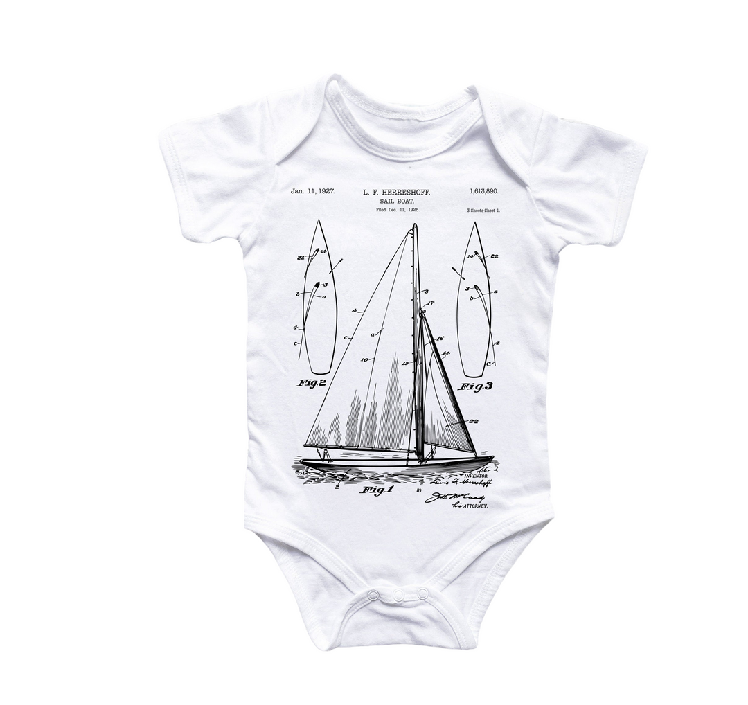 a white bodysuit with a sailboat drawing on it