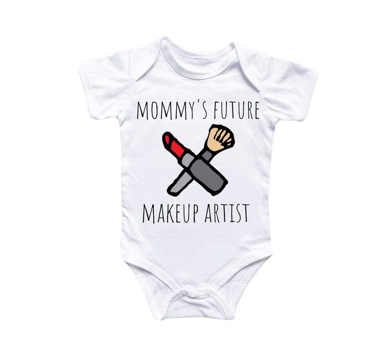 a baby bodysuit with a brush and lipstick on it