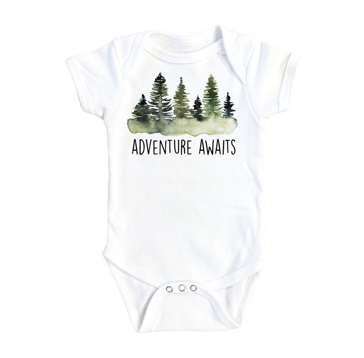 a white bodysuit with trees on it that says adventure awaits