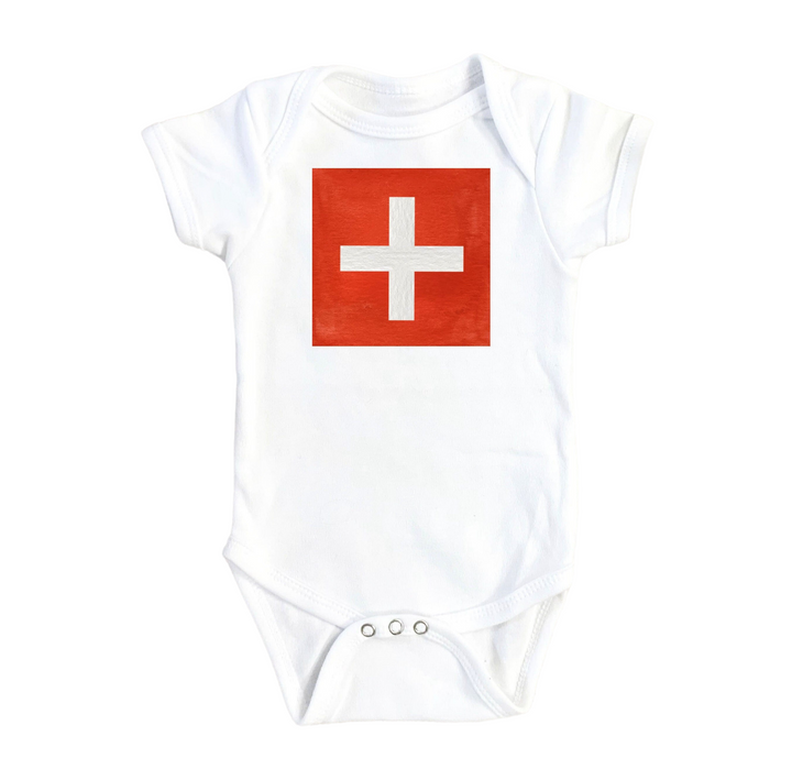 a white bodysuit with a red cross on it