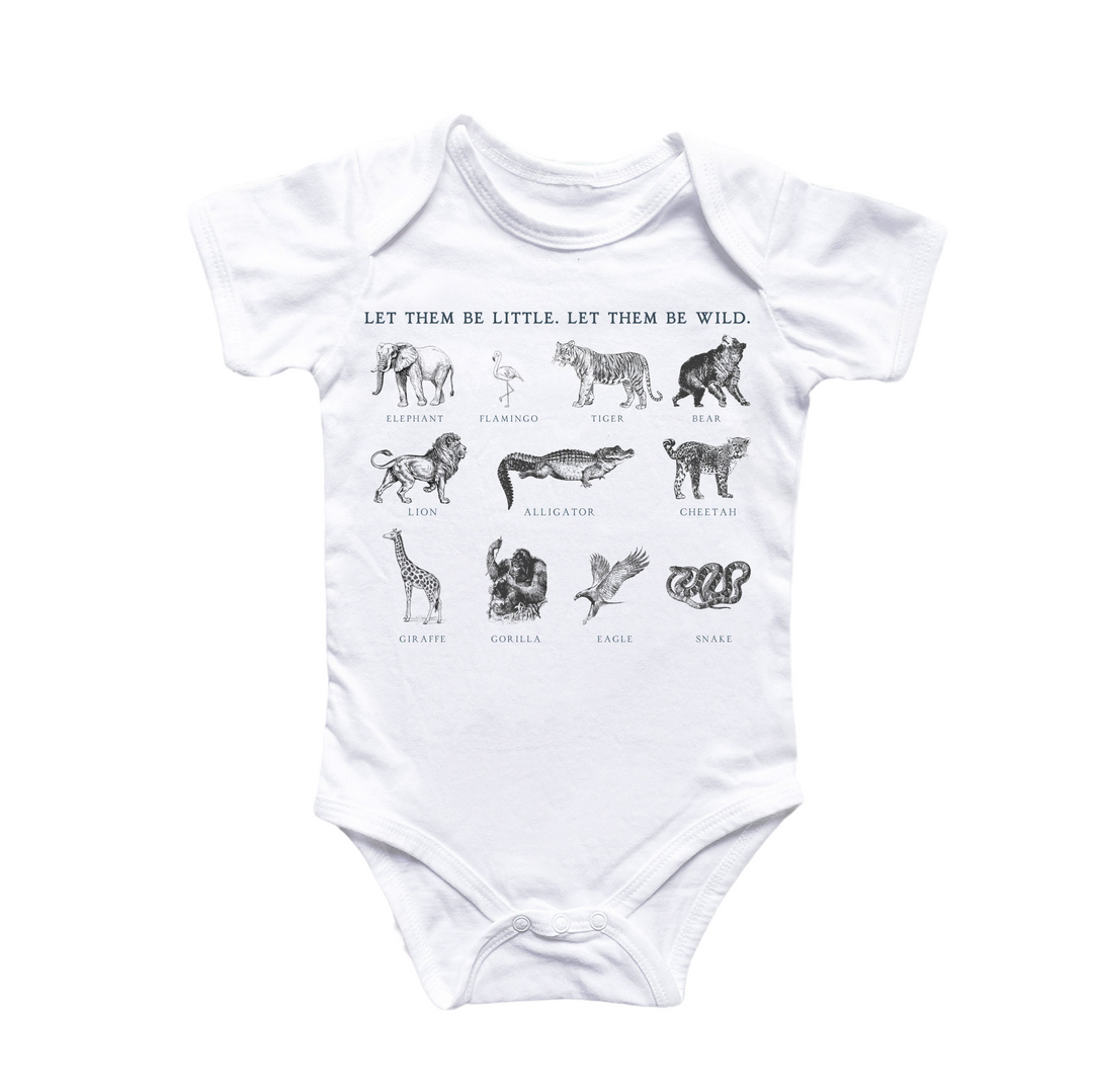 a baby bodysuit with different animals on it