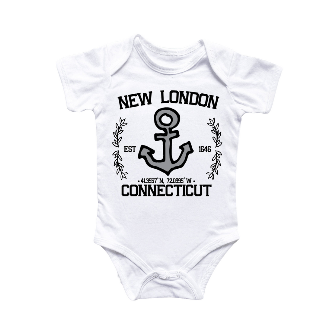 a white bodysuit with a black anchor on it