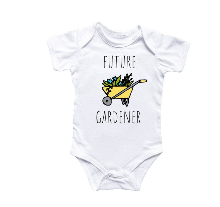 a white baby bodysuit with a wheelbarrow and the words future gardener