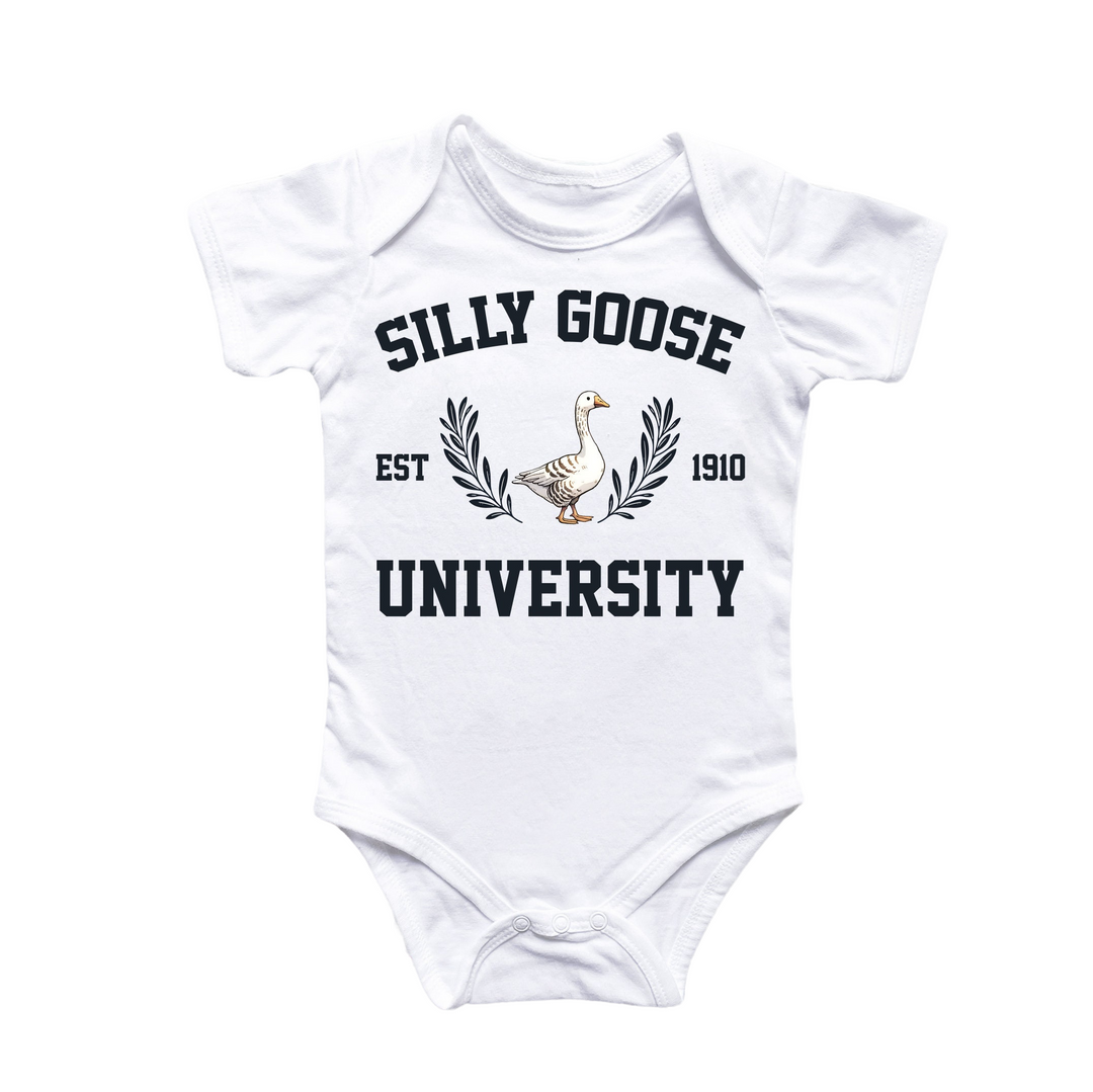 a baby bodysuit that says silly goose university