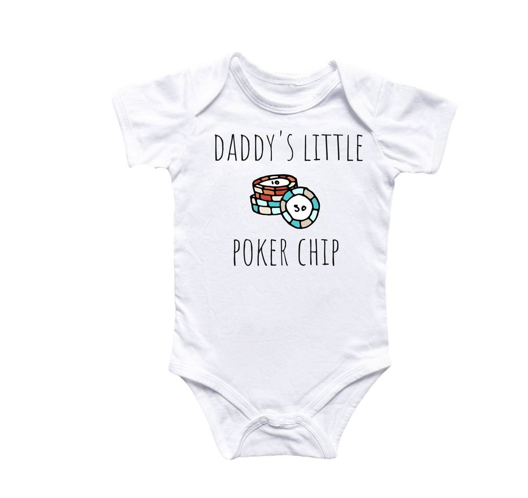 a baby bodysuit with a picture of a poker chip on it