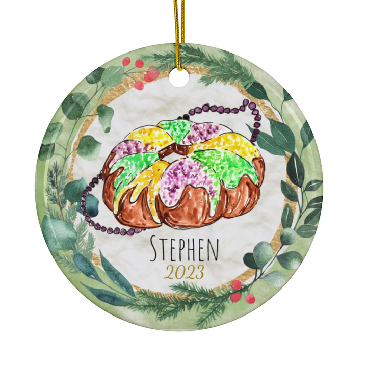 a ceramic ornament with a picture of a bundt cake on it