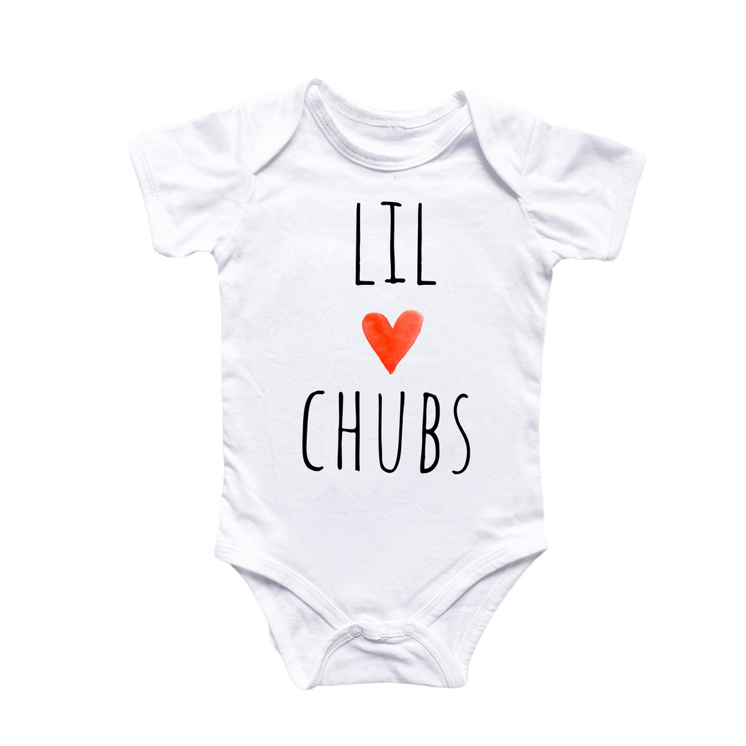 a white bodysuit with a red heart that says lil chubs