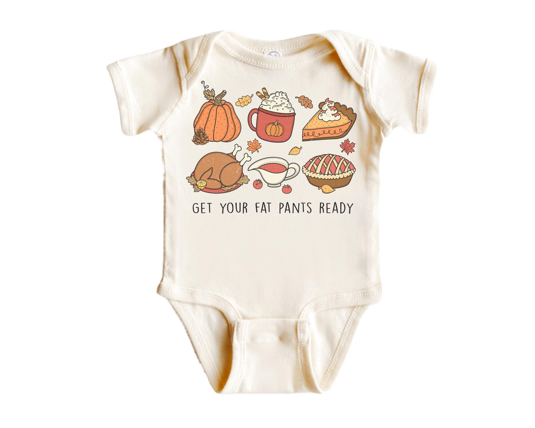 a baby bodysuit that says get your fat pants ready