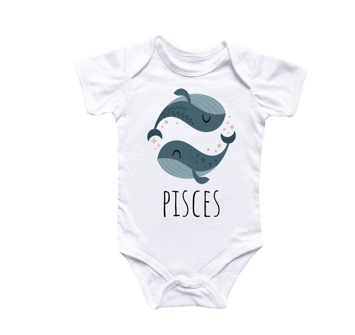 a white bodysuit with a picture of a whale and the words pisces