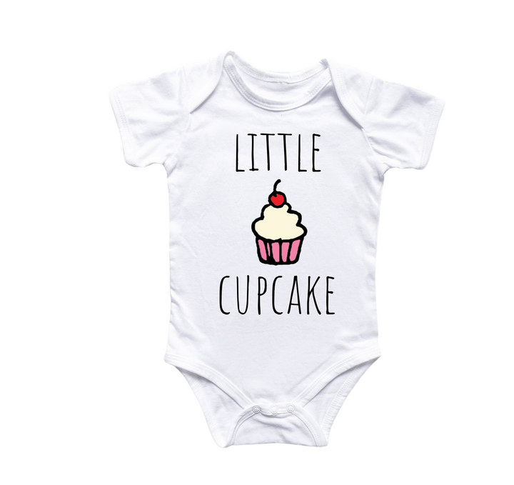 a white baby bodysuit with a cupcake on it