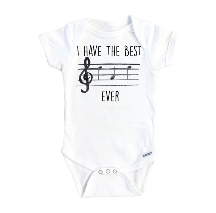 a white bodysuit with musical notes on it