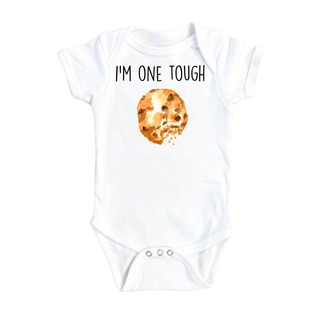 a baby bodysuit with a picture of a cookie on it