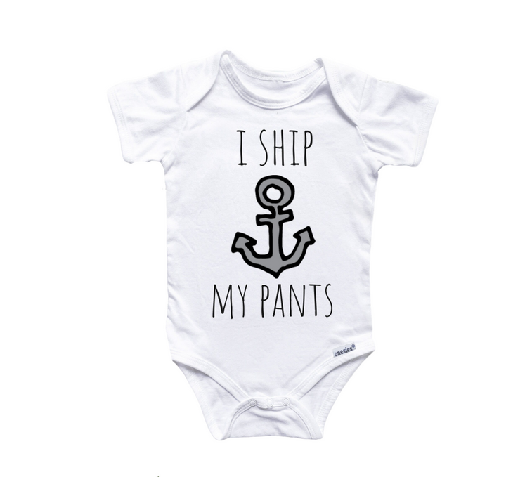 a white bodysuit with a black anchor on it