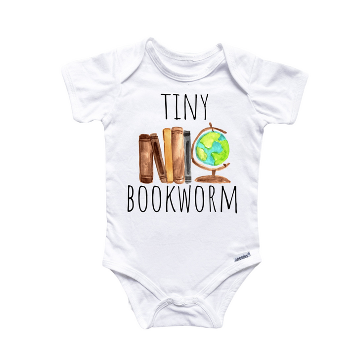 a white bodysuit with the words tiny no bookworm printed on it