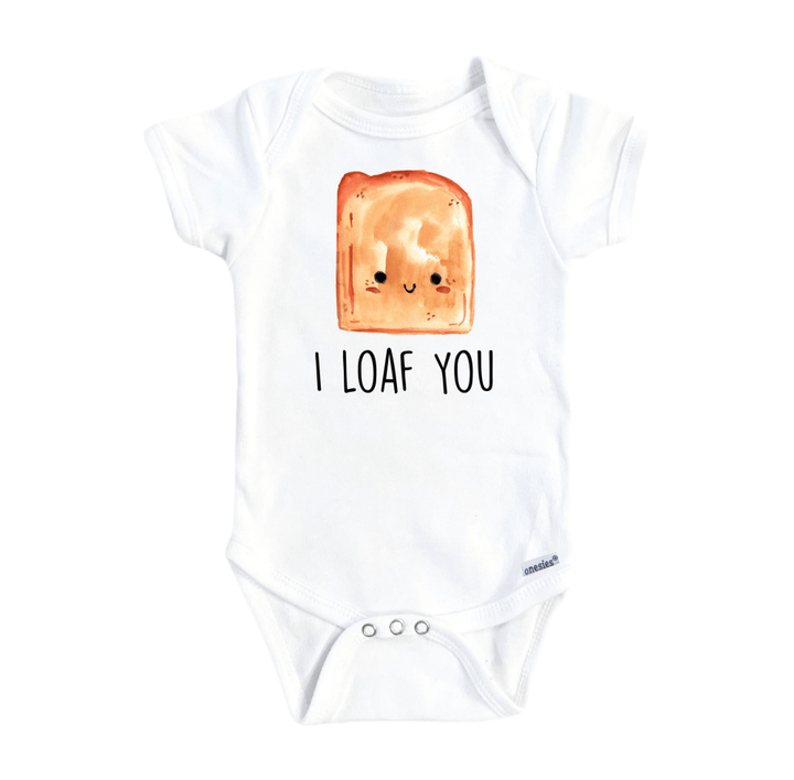 a white bodysuit with a toast on it that says i loaf you