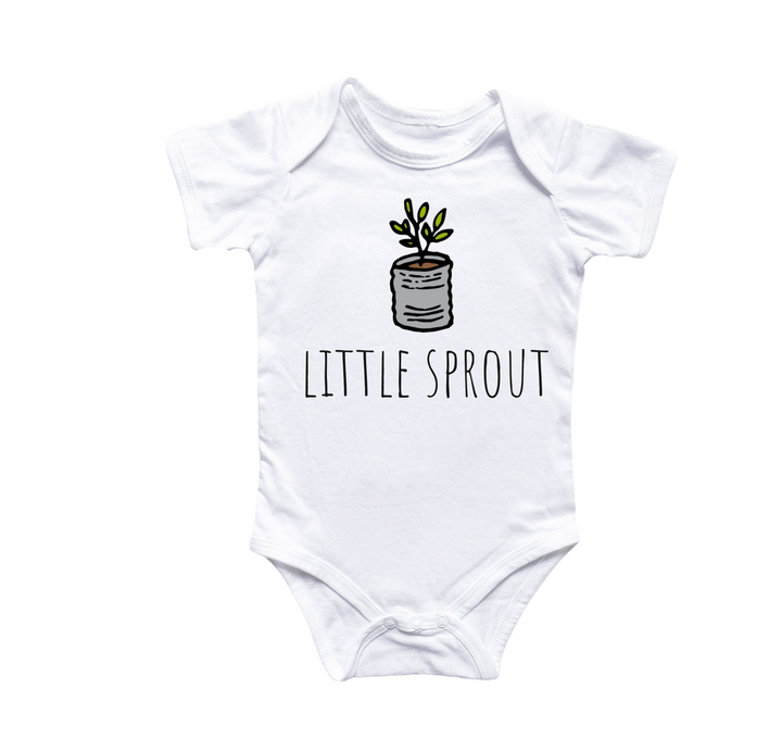 a white bodysuit with a potted plant that says little sprout