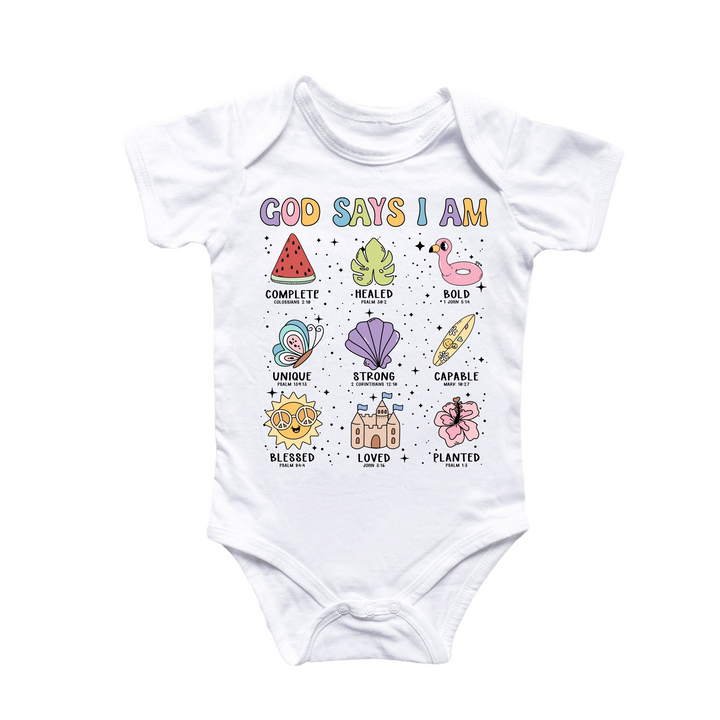 a baby bodysuit that says god says i am