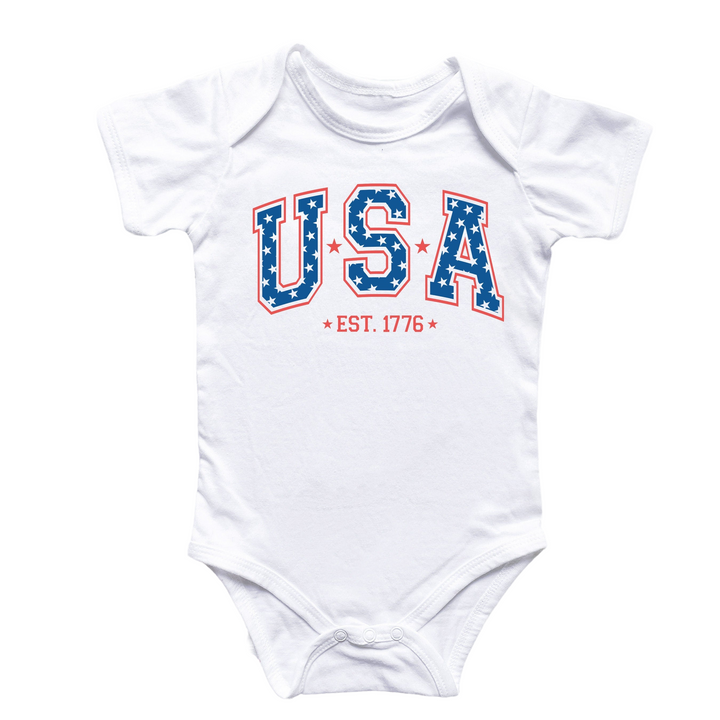 a baby bodysuit with the word usa printed on it