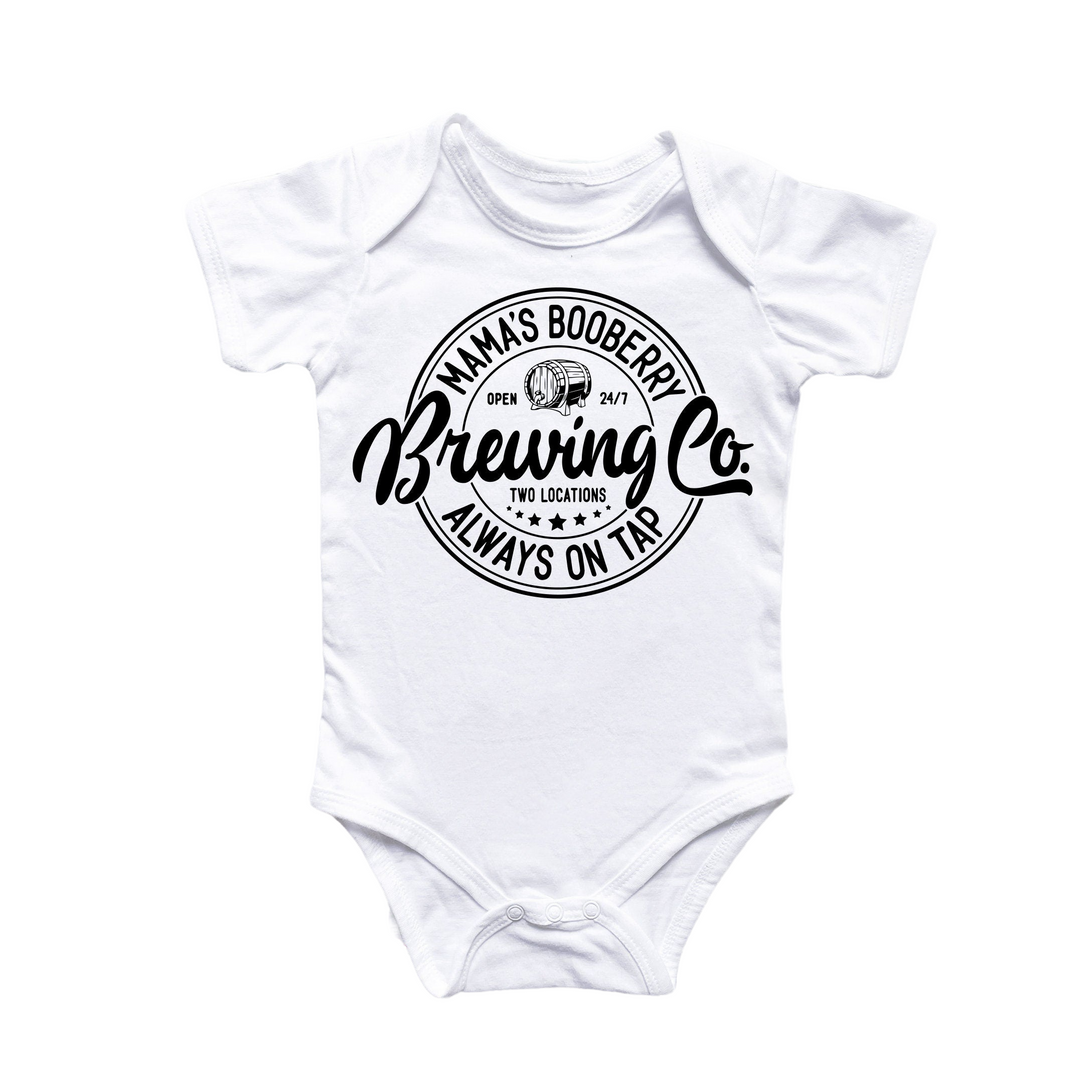 a white bodysuit with the words brewing co printed on it