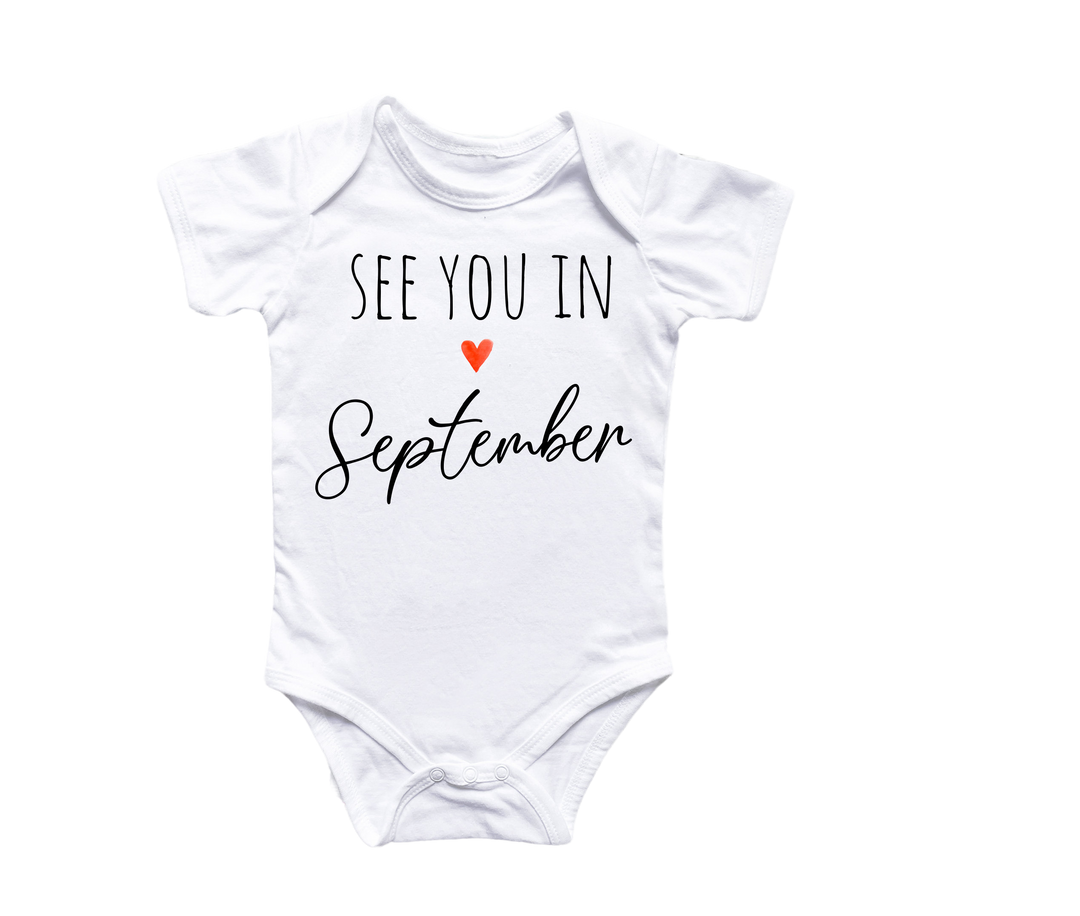 a white bodysuit with the words see you in september