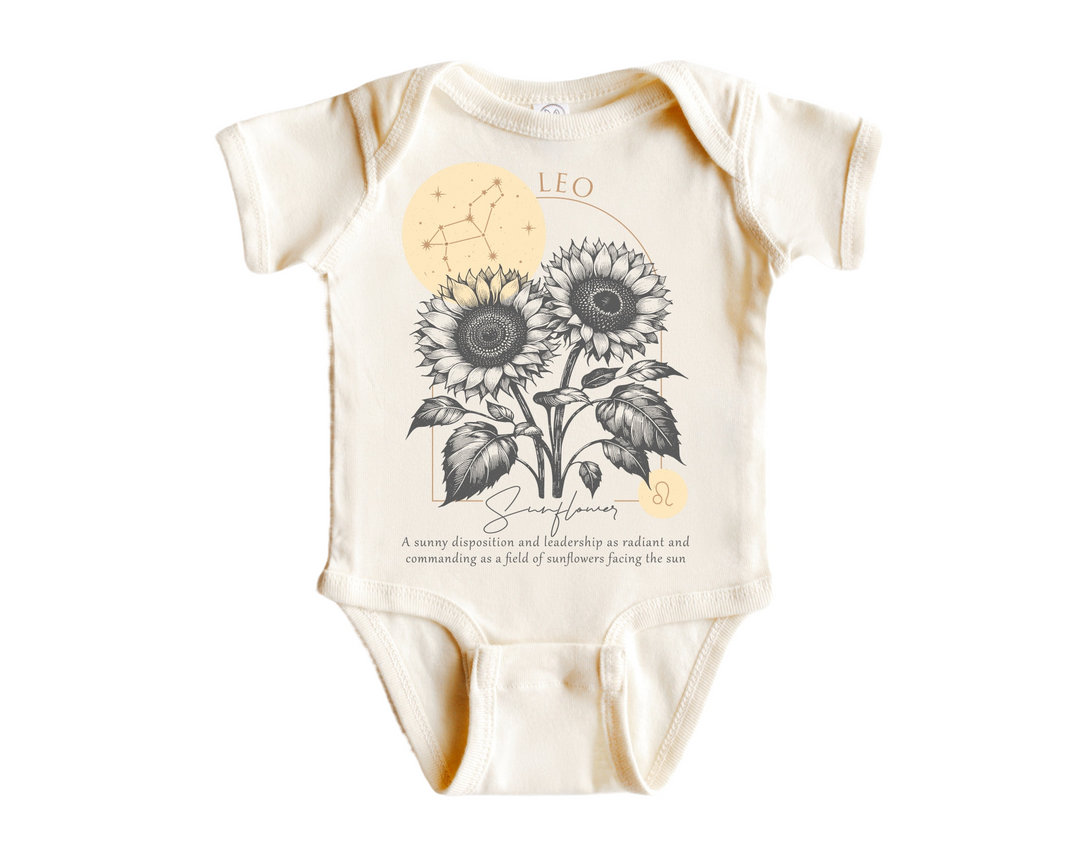 a white bodysuit with sunflowers on it