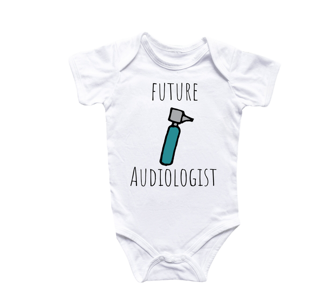 a white bodysuit with the words future audiologist on it