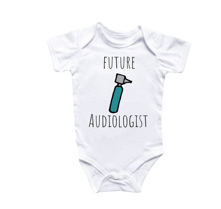 a white bodysuit with the words future audiologist on it