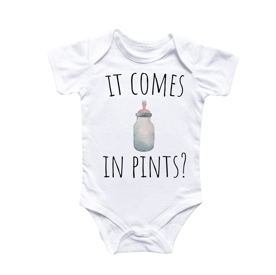 a baby bodysuit that says, it comes in pins?