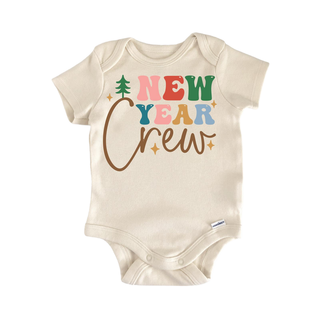 a baby bodysuit that says new year crew