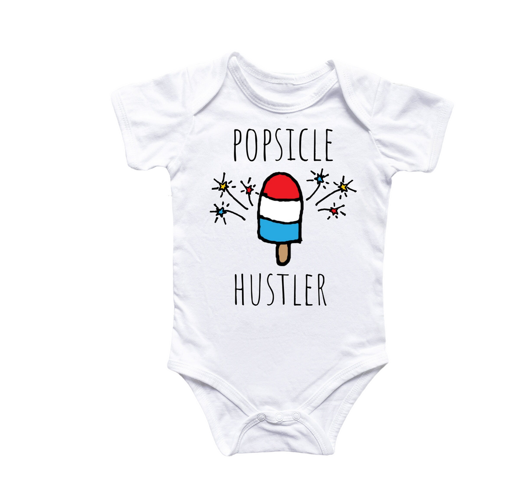 a white bodysuit with popsicle hustler on it