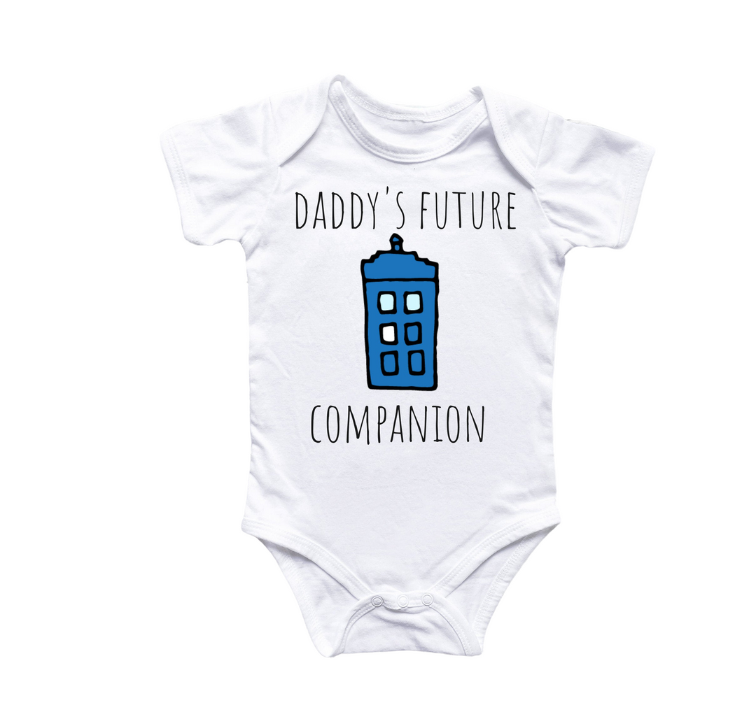 a white bodysuit with the words daddy's future companion on it