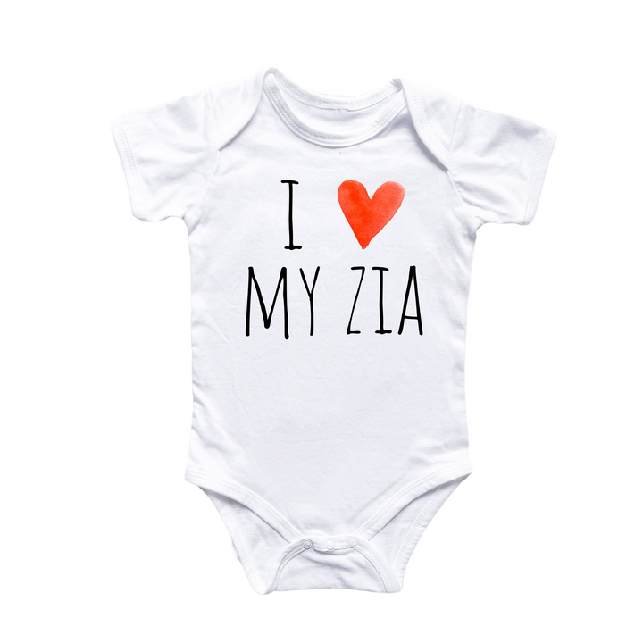 a white bodysuit with a red heart that says i love myzia